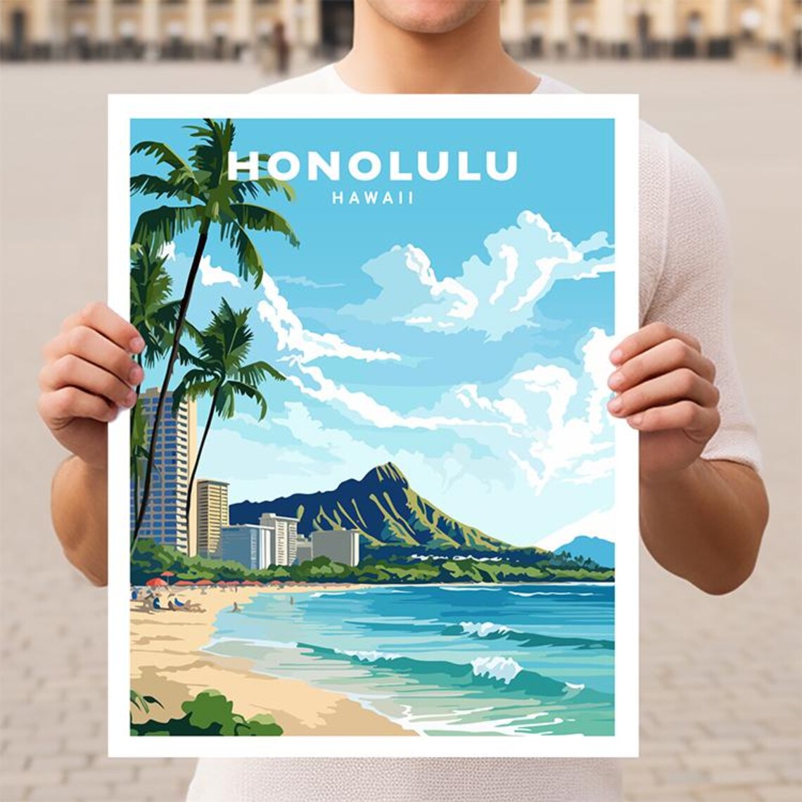 Honolulu Hawaii Waikiki Beach Oahu Travel Poster