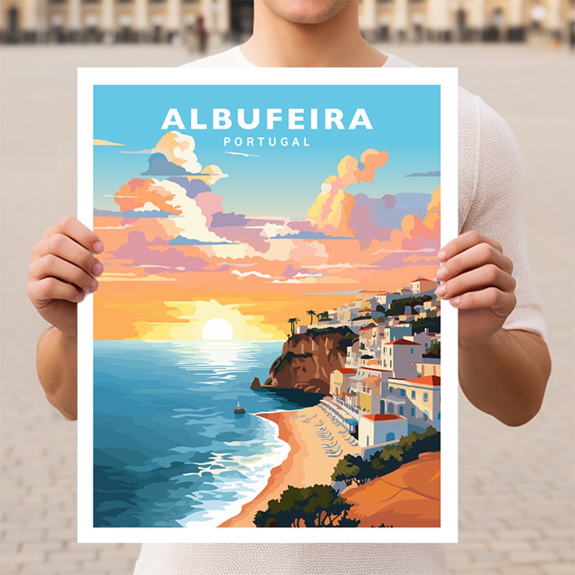 Albufeira Portugal Cliffside Beach Town Sunset Travel Poster