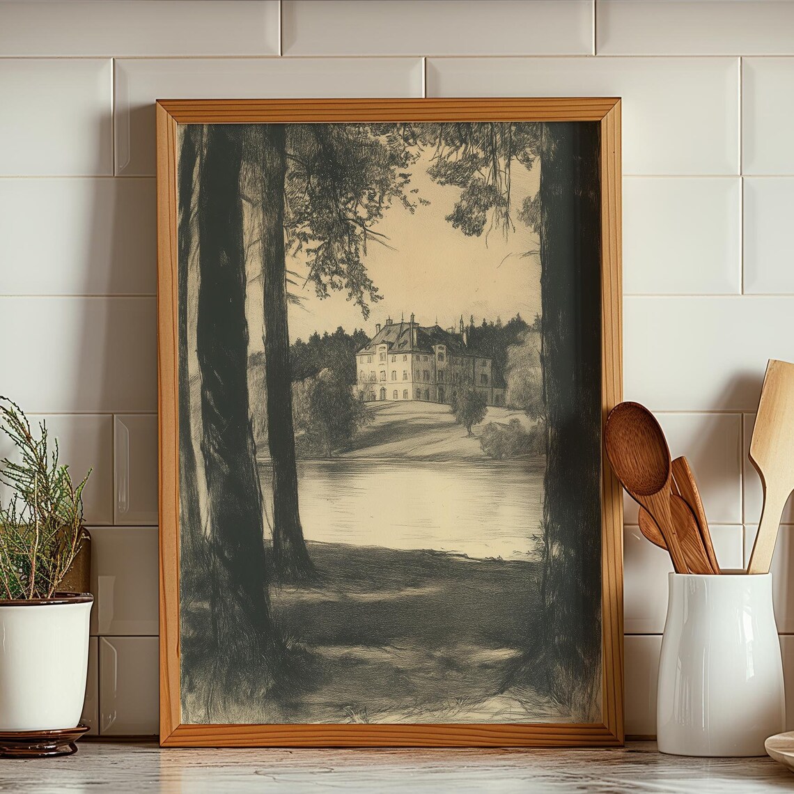 Lakeside Villa Charcoal Sketch Tall Trees Vintage Landscape Art Poster
