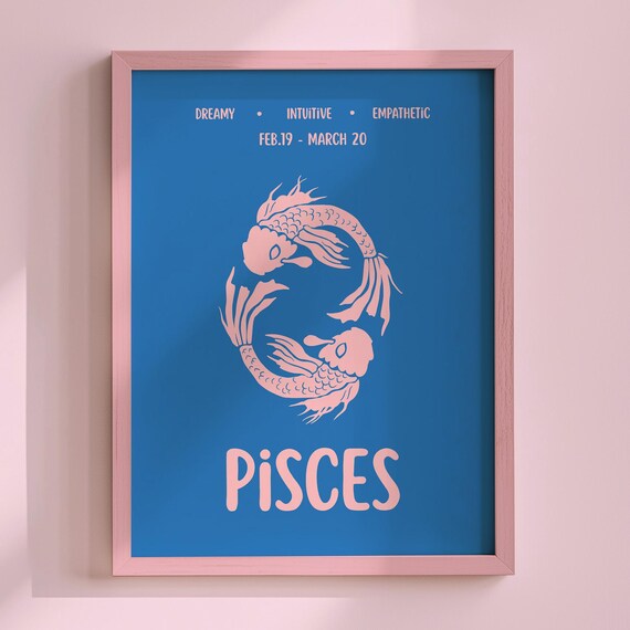 Pisces Zodiac Koi Fish Poster Blue Pink Maximalist Dreamy Astrology Wall Decor