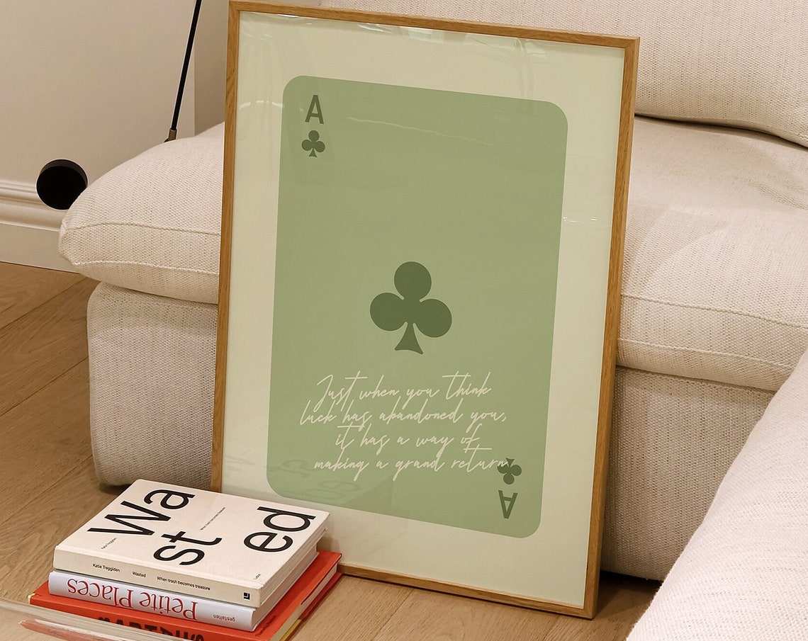 Trendy Sage Green Wall Art Muted Green Bar Cart Cocktail Print Preppy Green Aesthetic Apartment Decor Ace Card Lucky Girl Syndrome Poster