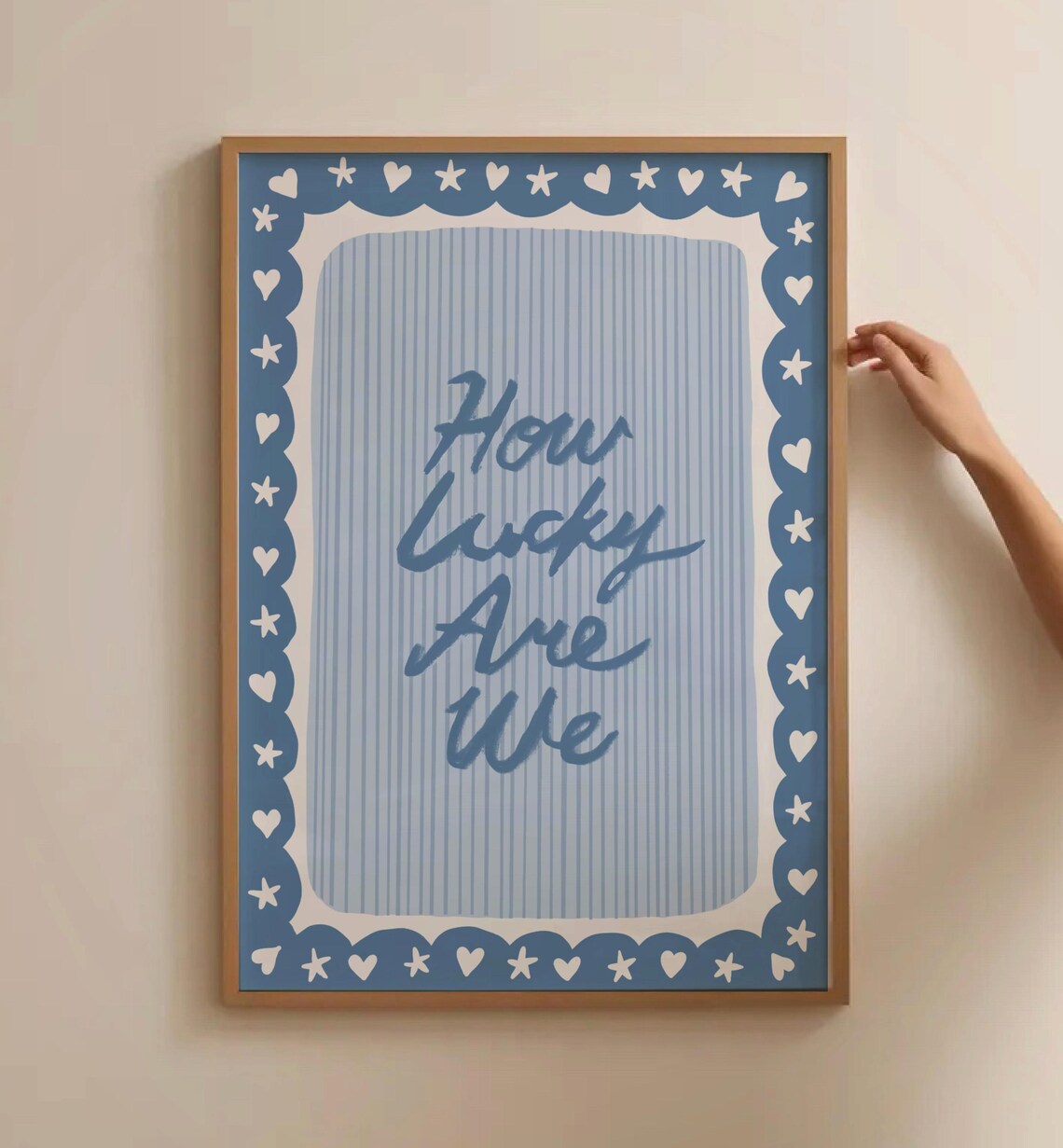 How Lucky Are We Blue Striped Hearts Scalloped Border Quote Poster