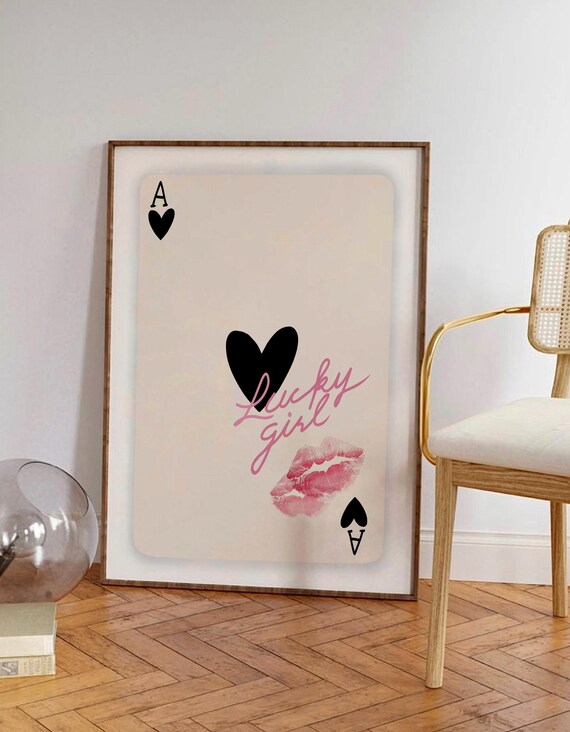 Lucky Girl Playing Card Print Ace Of Hearts Wall Art Retro Kiss Lips Trendy Apartment Decor Girly Dopamine Room Poster