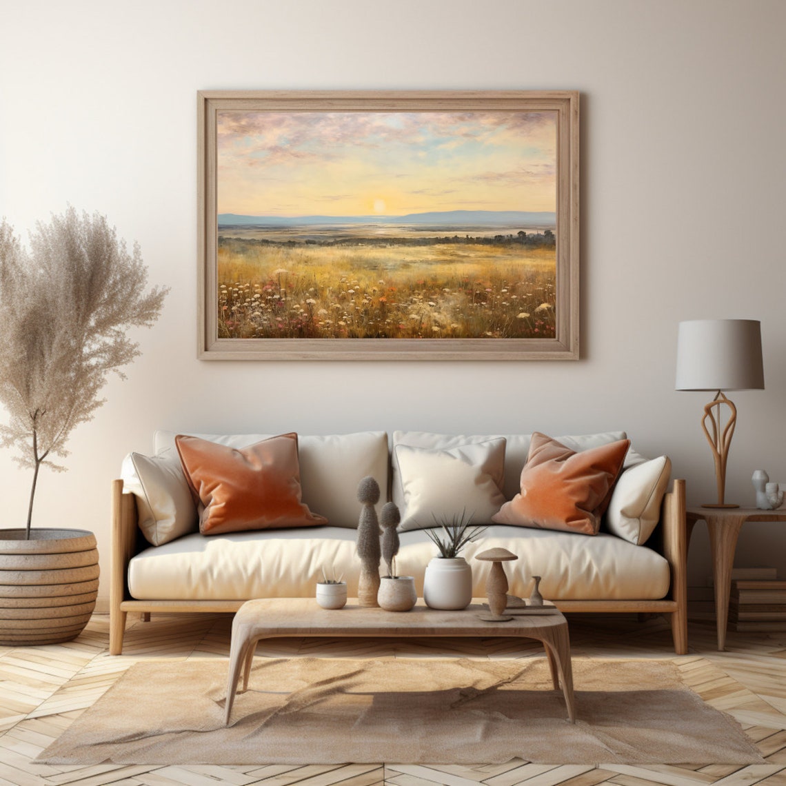 Golden Sunset Over Wildflower Meadow with Distant Mountains Poster - Image 3