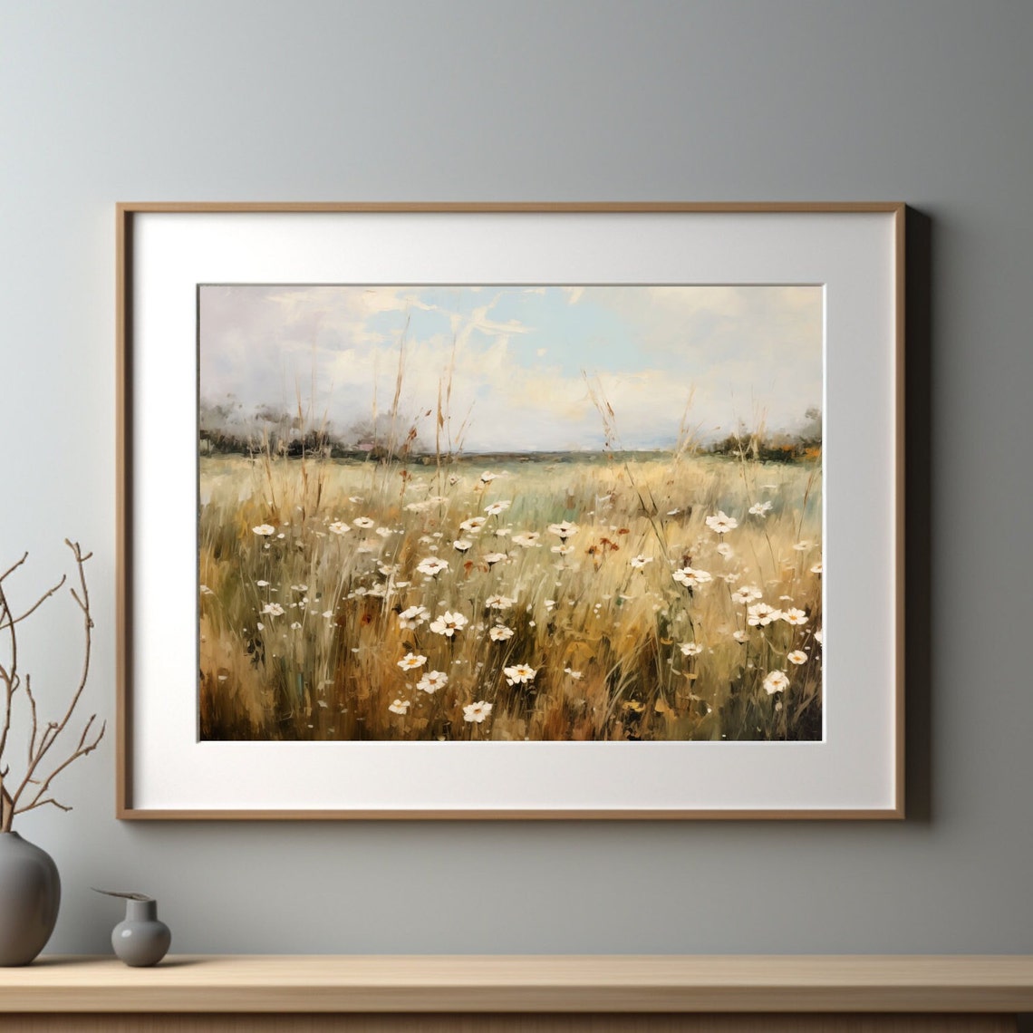 White Daisies in Golden Meadow Vintage Wildflower Field Poster