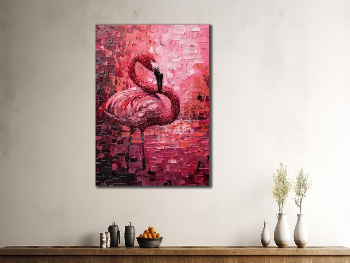 Pink Flamingo Mosaic Impasto Painting Textured Vibrant Bird Poster