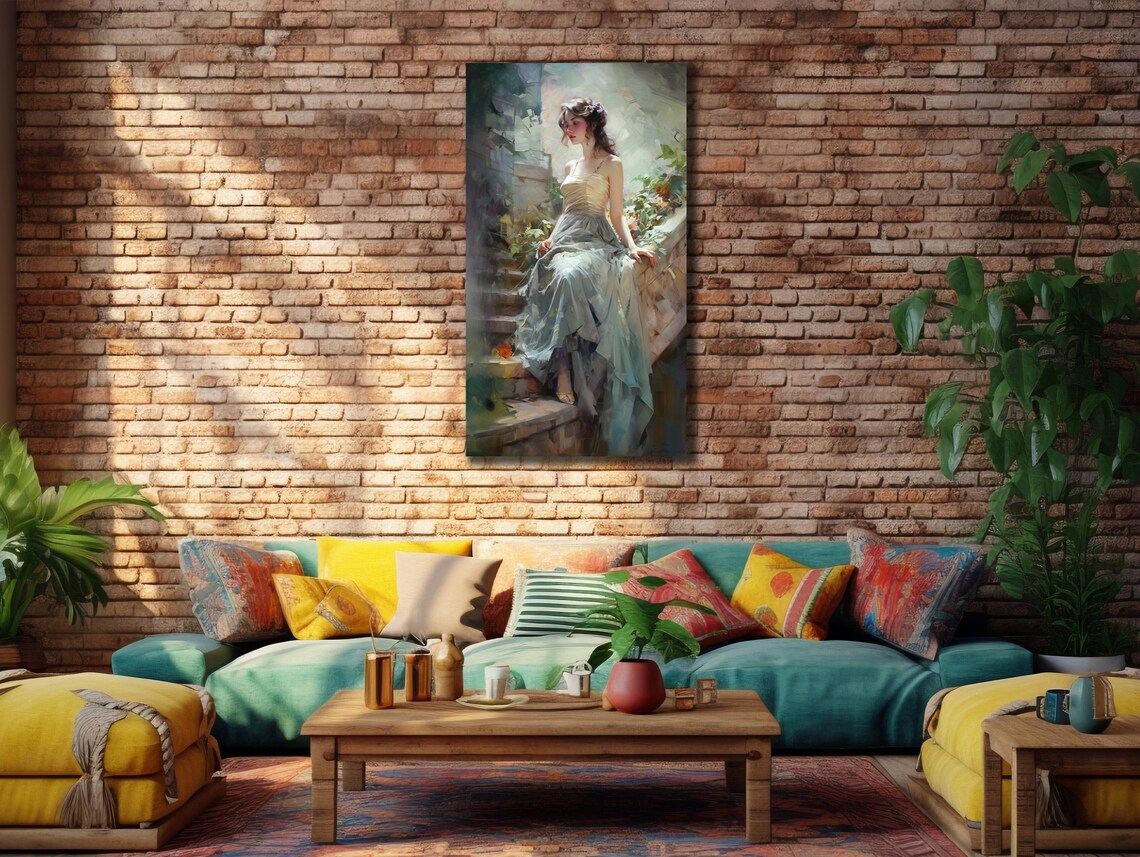 Elegant Young Woman Blue Dress Steps Painterly Portrait Wall Art Poster - Image 2