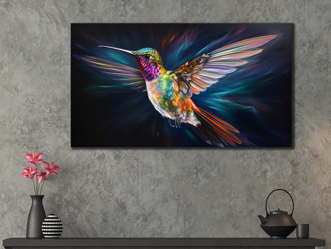 Rainbow Hummingbird Flight Iridescent Wings Dark Wall Art Print - Image 2
