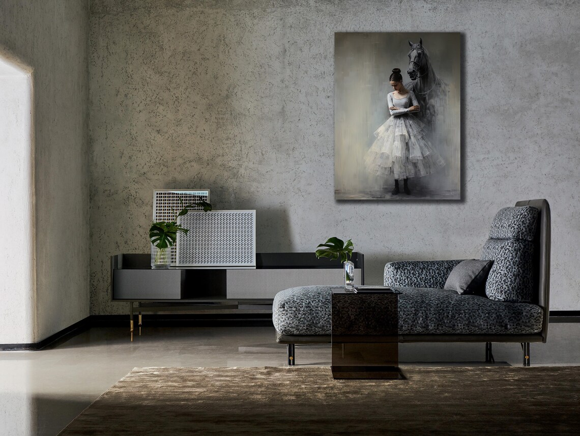 Ballerina in White Tutu Beside Dark Horse Dreamy Grey Art Poster - Image 3
