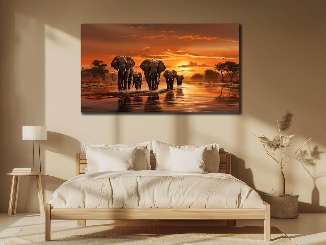 African Elephant Herd Sunset River Crossing Savanna Wildlife Art Poster - Image 3