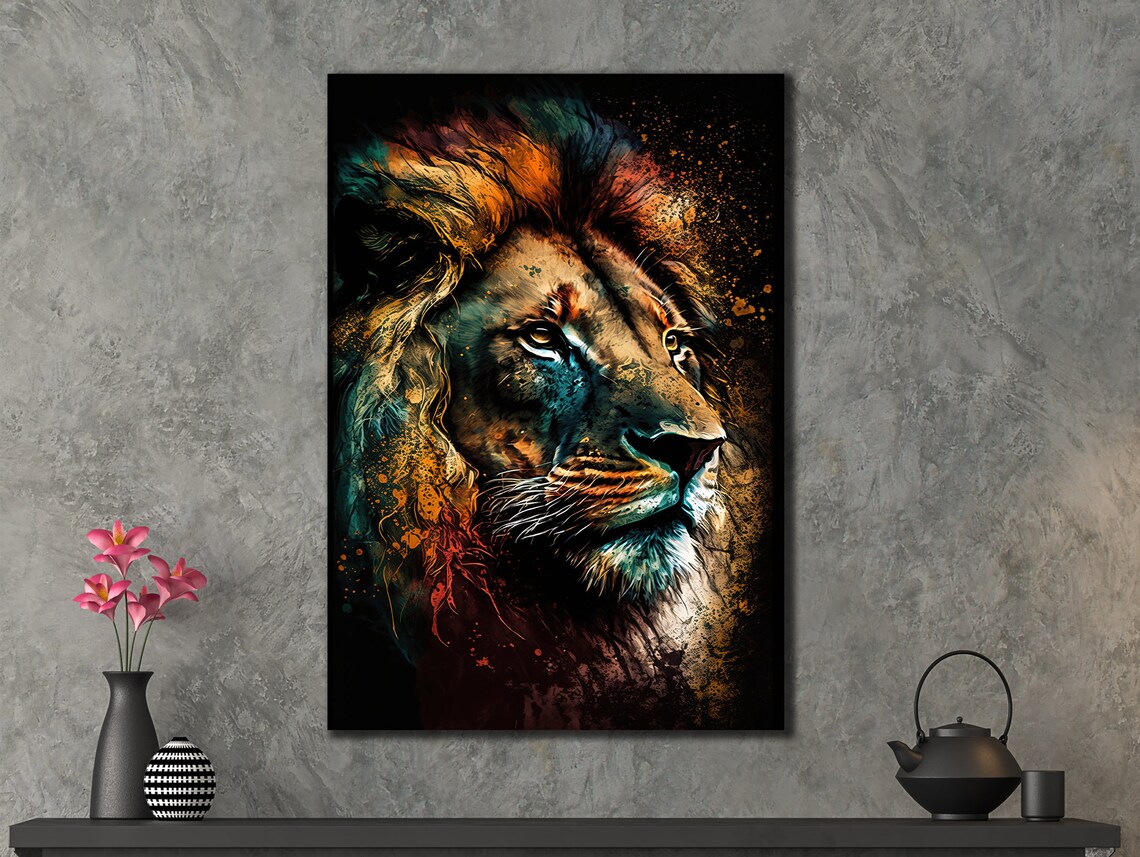 Colorful Lion King Portrait Graffiti Splash Dark Wall Art Print - Image 3