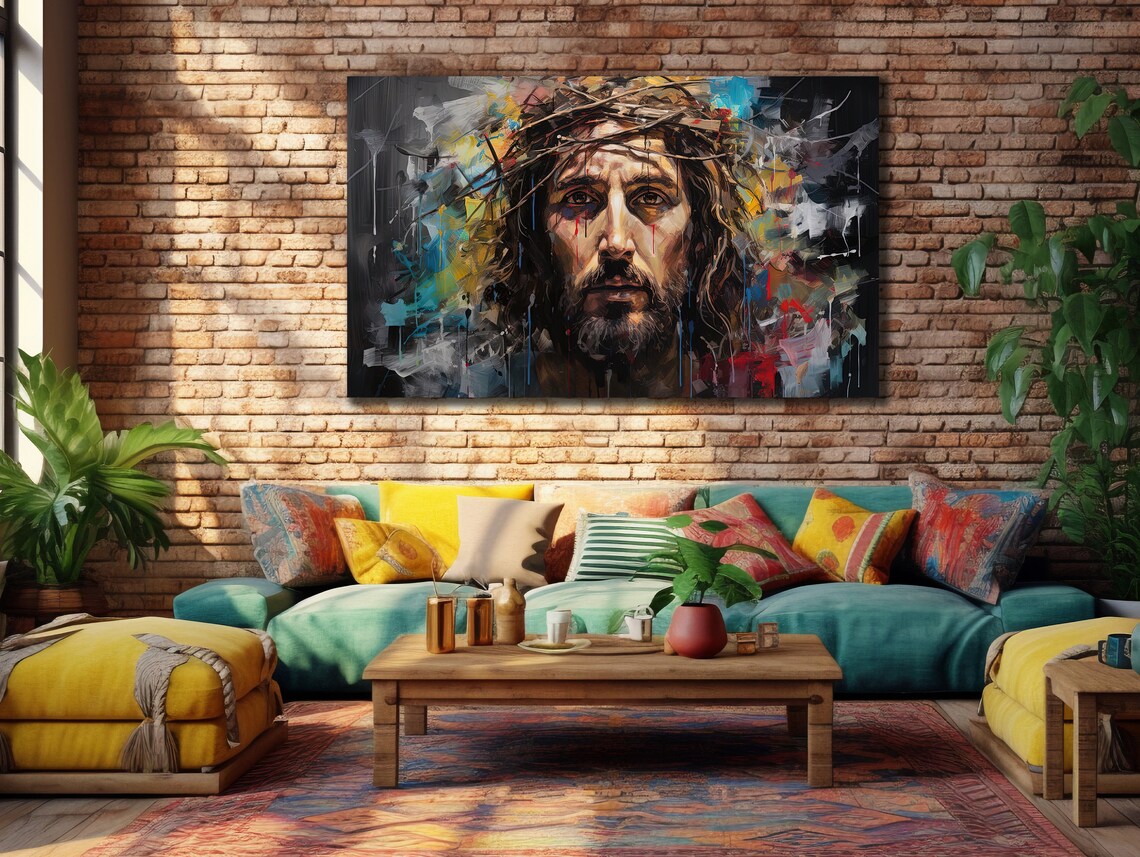 Jesus Crown of Thorns Abstract Splash Modern Christian Painting Wall Art Poster