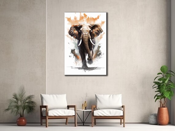 Watercolor Elephant Walking Forward Orange Splashes Animal Wall Art Print