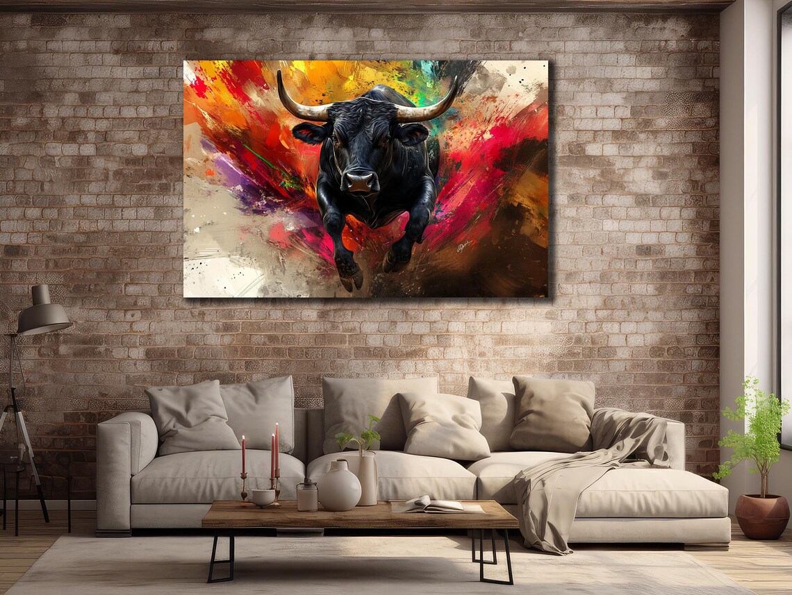 Charging Black Bull Watercolor Splash Background Powerful Art Poster - Image 3