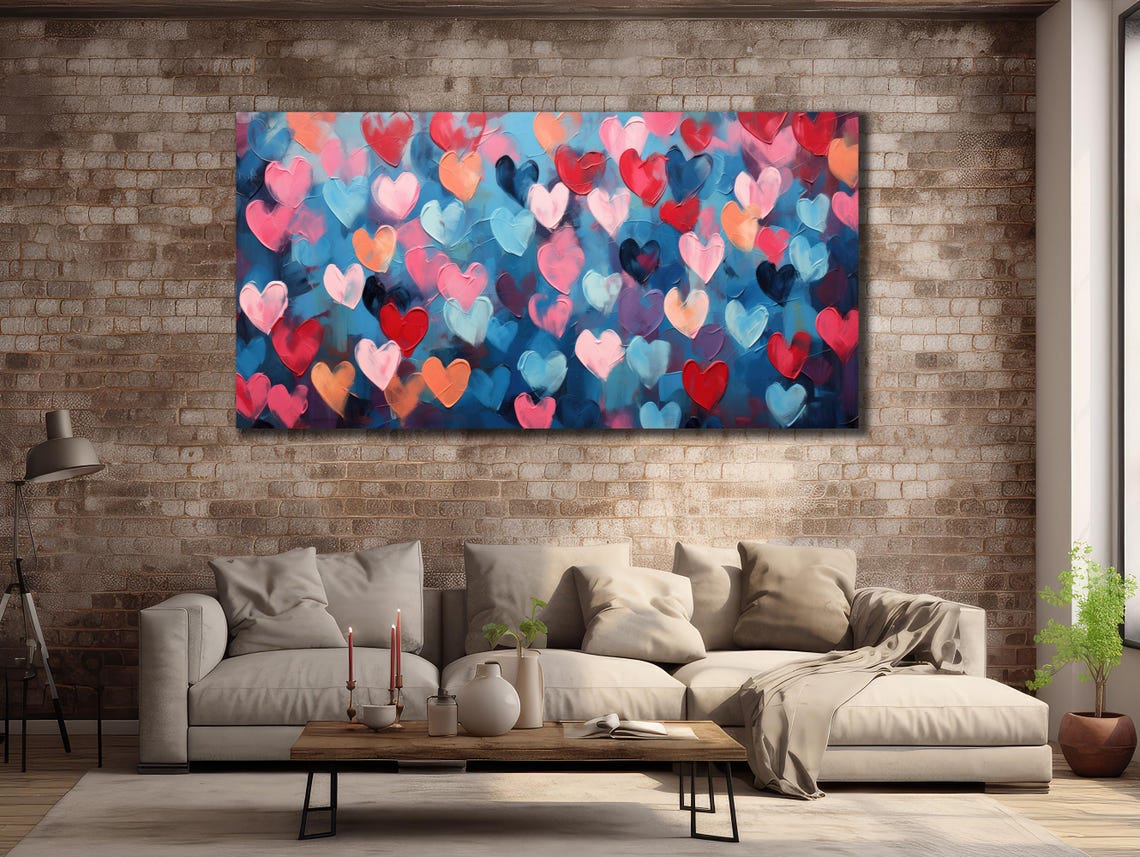 Multicolor Heart Pattern Love Theme Red Pink Blue Modern Pop Art Print - Image 2