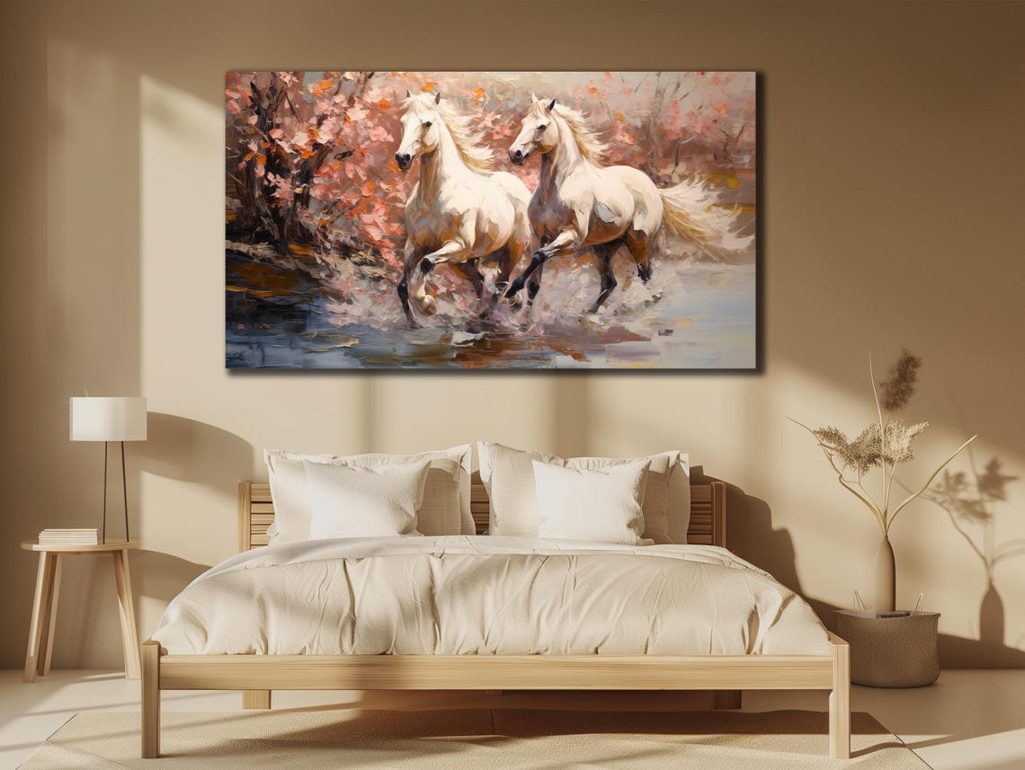 Two White Horses Galloping Through Water Pink Blossom Art Poster - Image 3