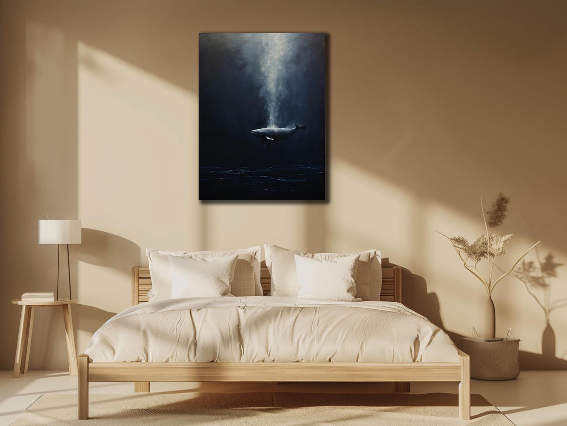 Lone Whale Deep Dark Ocean Light Beam Moody Minimalist Sea Poster - Image 3