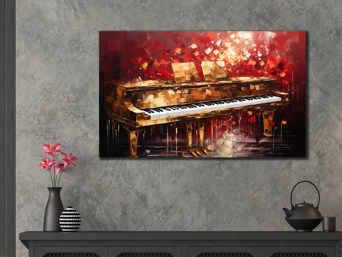 Grand Piano Oil Painting Red Background Classical Music Instrument Wall Poster - Image 3