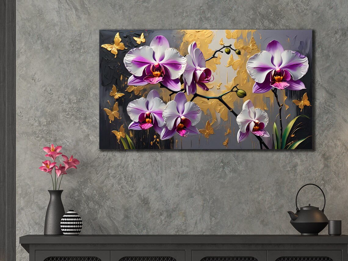 Purple Orchid Flowers Gold Butterflies Textured Floral Wall Art Print - Image 3