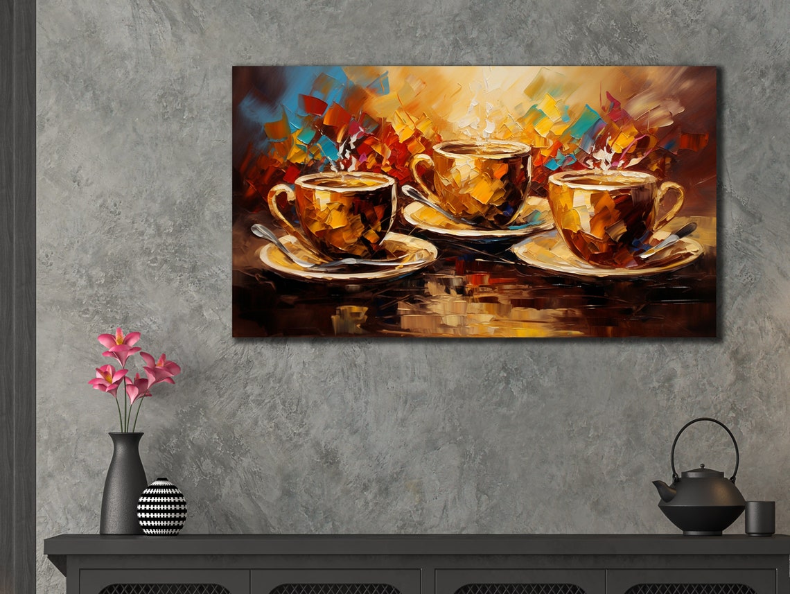 Three Golden Coffee Cups Palette Knife Kitchen Cafe Wall Art Print - Image 3