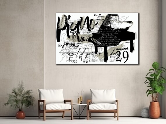 Grand Piano Music Typography Black White Graffiti Instrument Poster