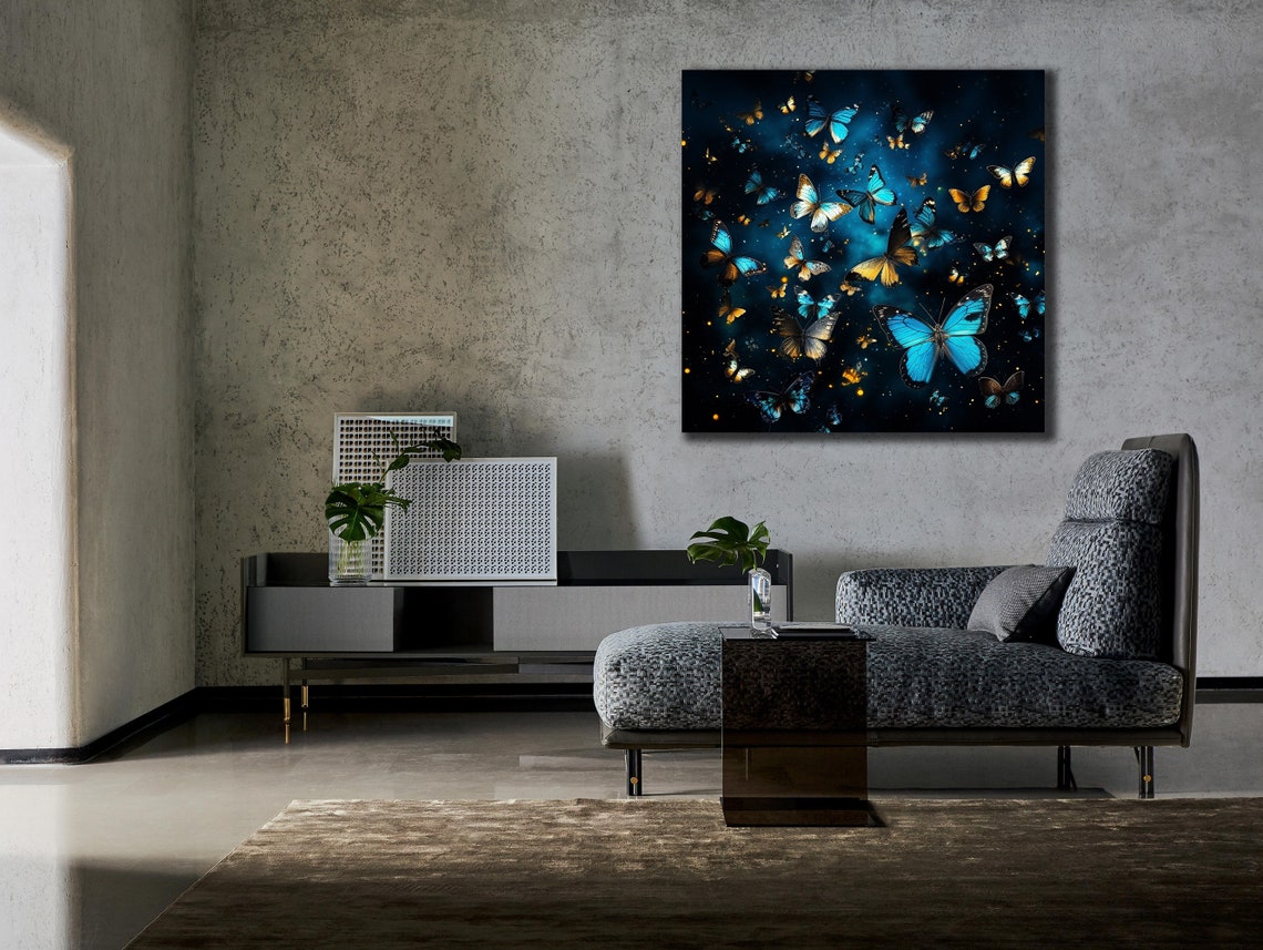 Blue Gold Butterflies Dark Night Glowing Fantasy Insect Wall Art Print - Image 3