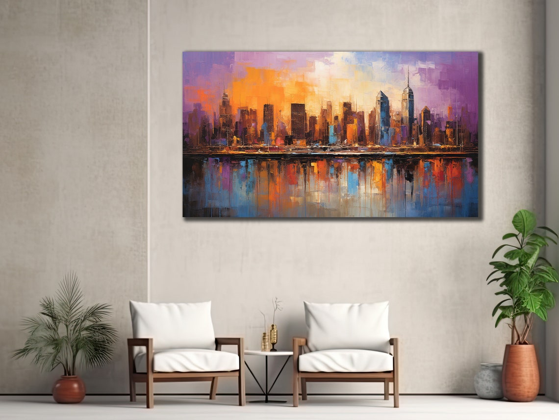 Abstract City Skyline Sunset Reflection Waterfront Colors Art Poster - Image 3