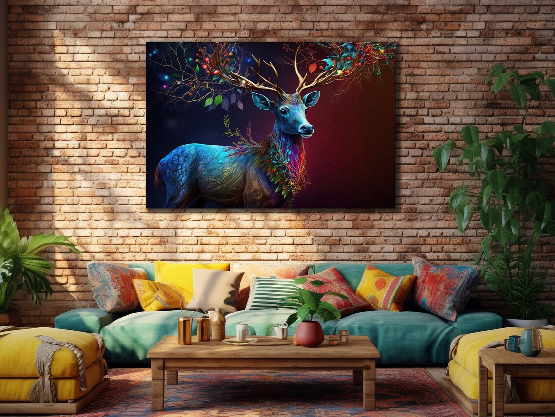 Blue Deer Stag Lights Antlers Painting Enchanted Forest Magical Animal Art Poster - Image 3
