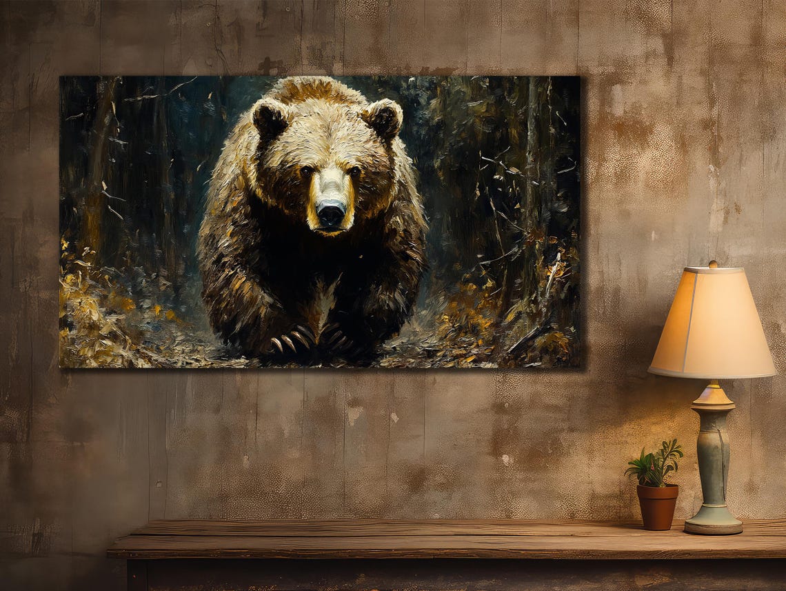 Brown Bear Walking Dark Forest Dramatic Wildlife Painting Poster - Image 3
