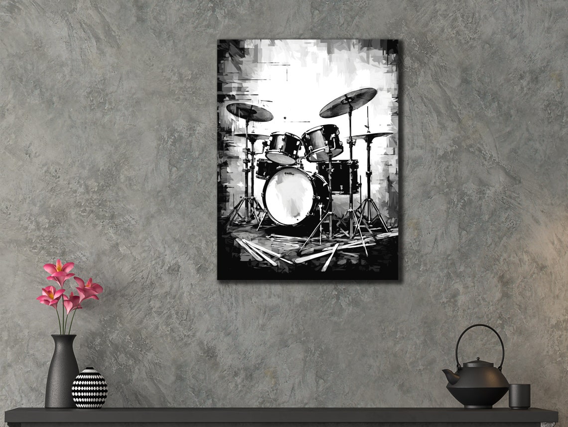 Drum Kit Black White Monochrome Grunge Rock Music Studio Poster - Image 3