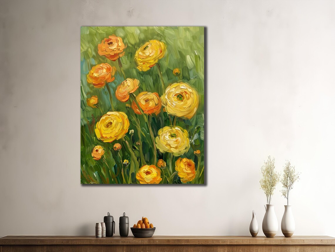 Sunny Yellow Ranunculus Flowers Oil Painting Cheerful Floral Poster - Image 3