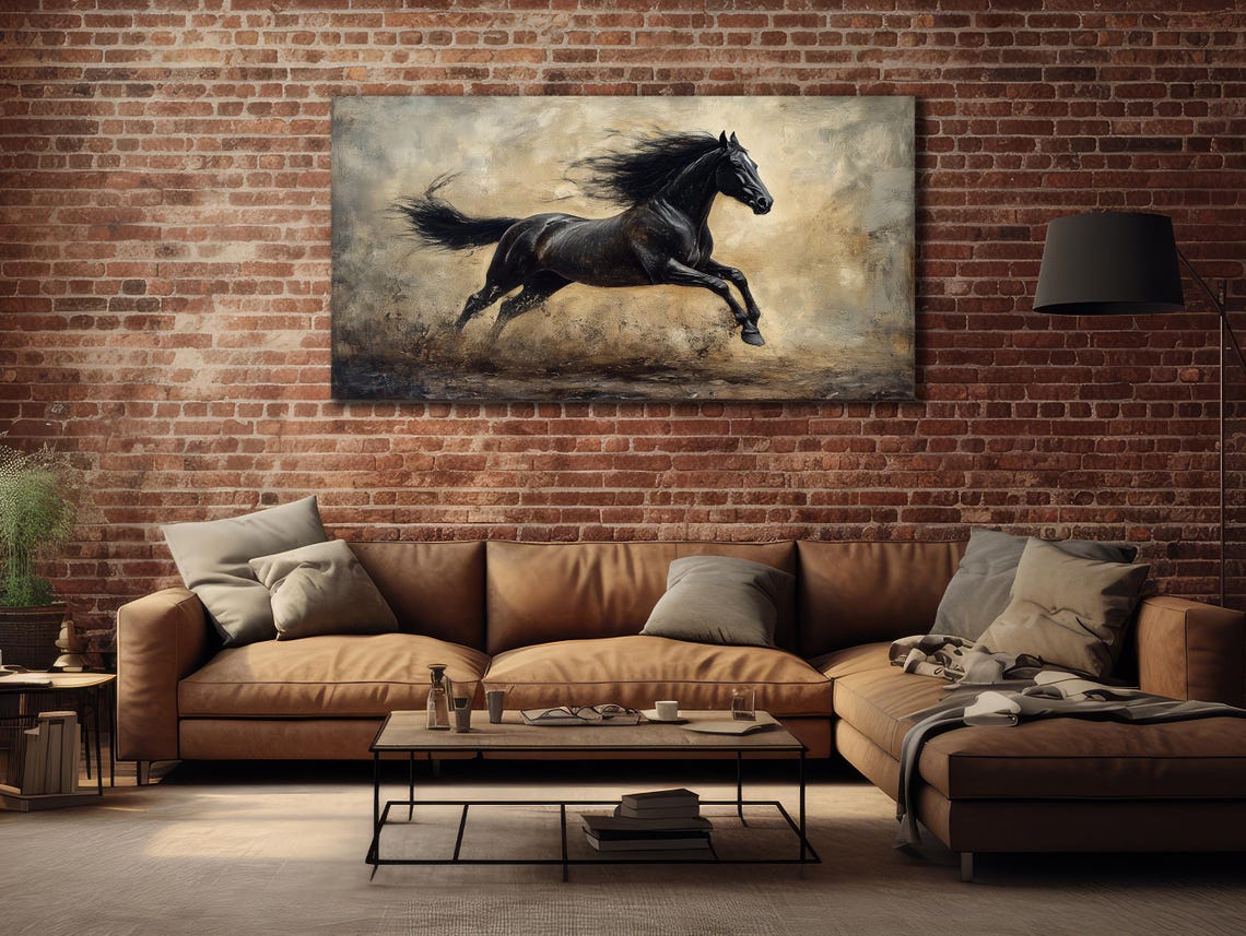 Black Horse Galloping Dramatic Dusty Textured Oil Painting Poster