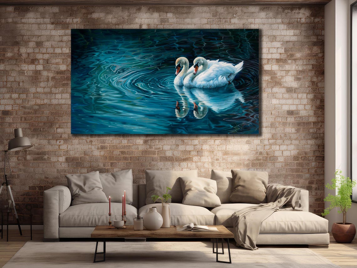 Swans Couple Gliding Dark Blue Water Rippling Reflections Art Poster
