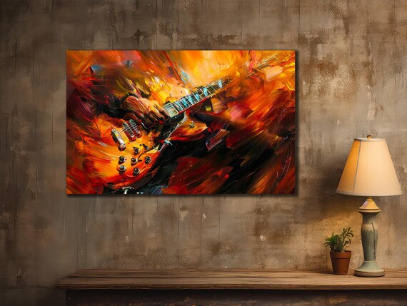 Electric Guitar Player Fiery Orange Red Abstract Music Art Poster