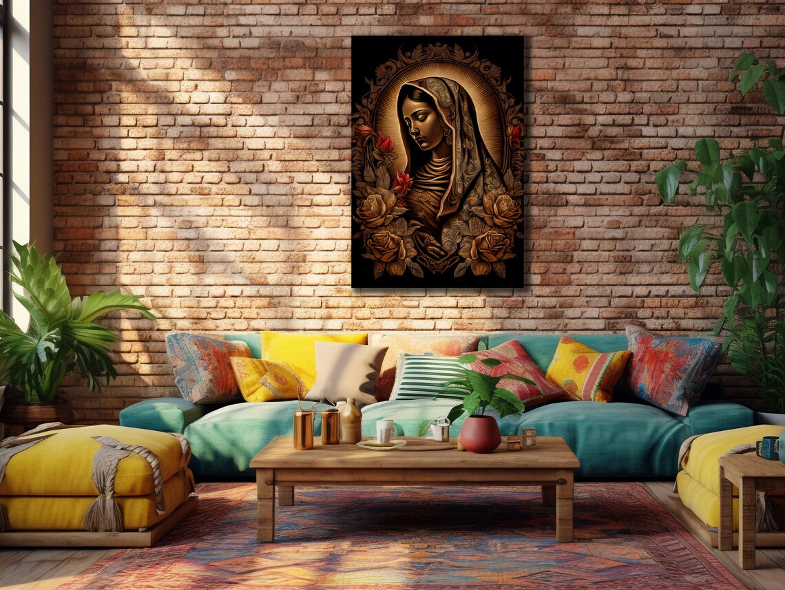 Our Lady Of Guadalupe Golden Religious Art Roses Halo Wall Art Print - Image 2