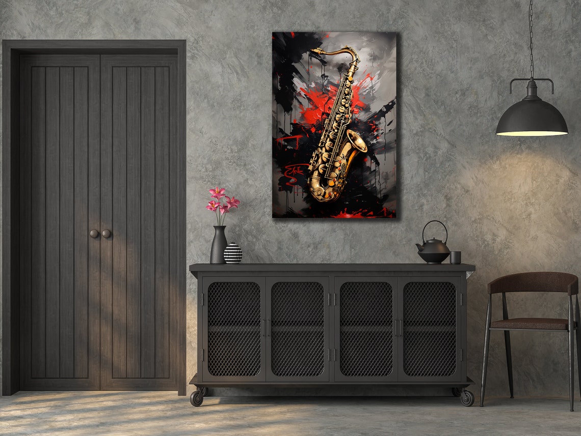 Jazz Saxophone Golden Instrument Red Black Splash Painting Poster - Image 3