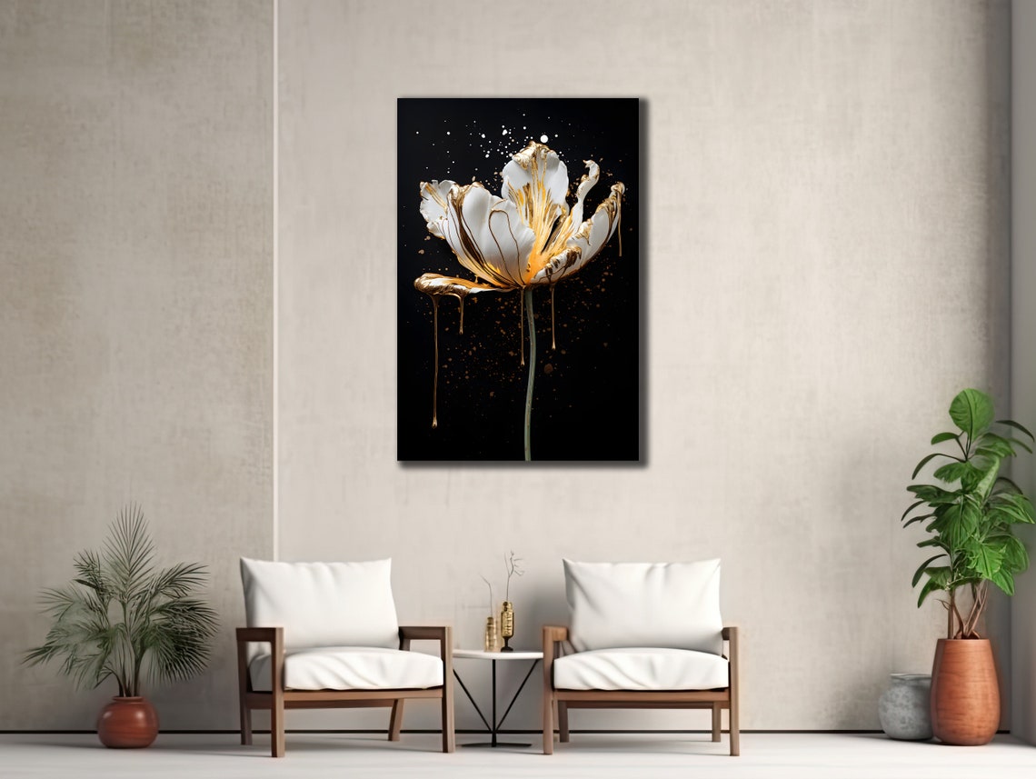White and Gold Flower Black Background Modern Floral Wall Art Poster