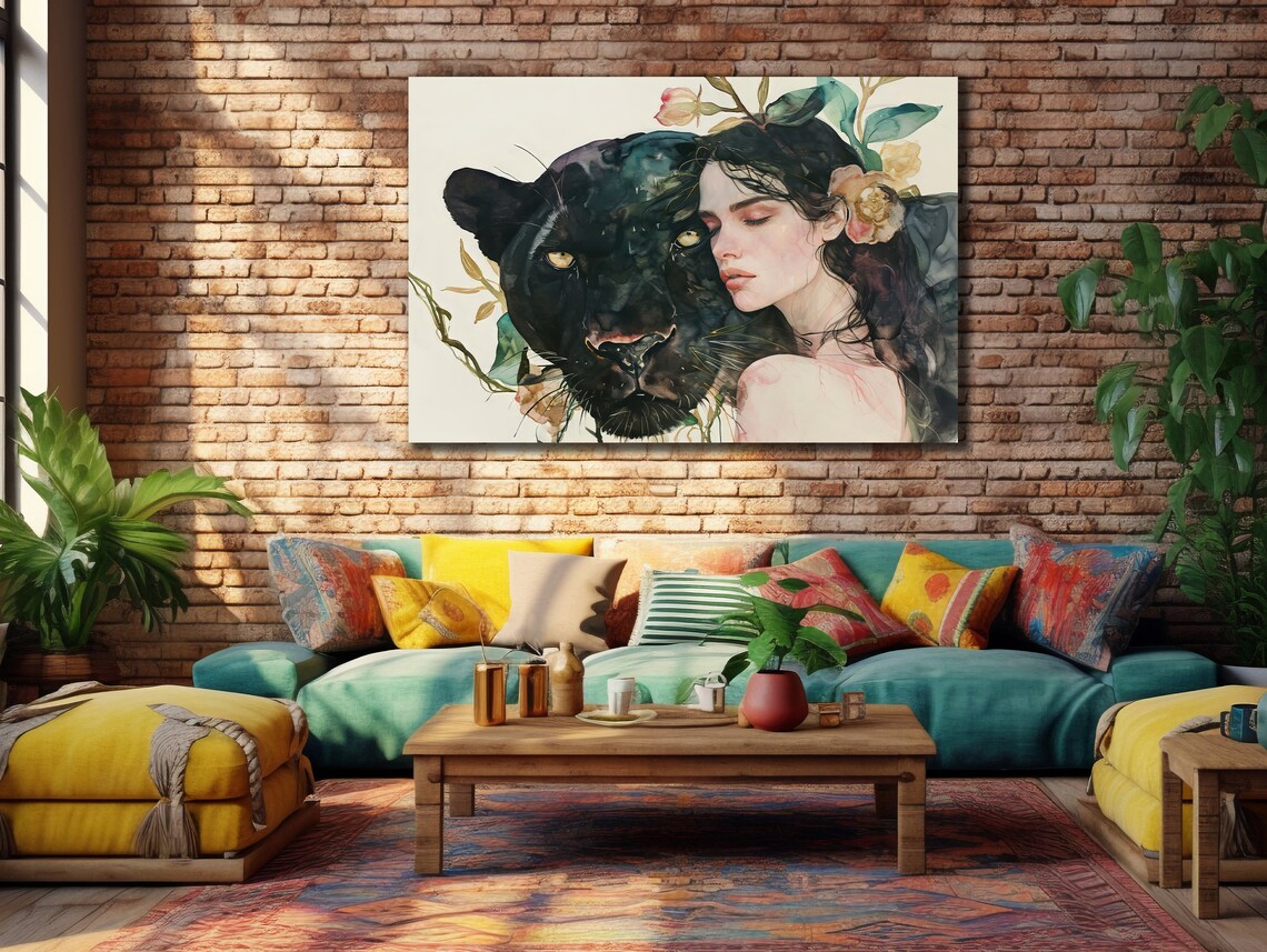 Watercolor Woman and Black Panther Floral Portrait Elegant Wall Art Poster - Image 3