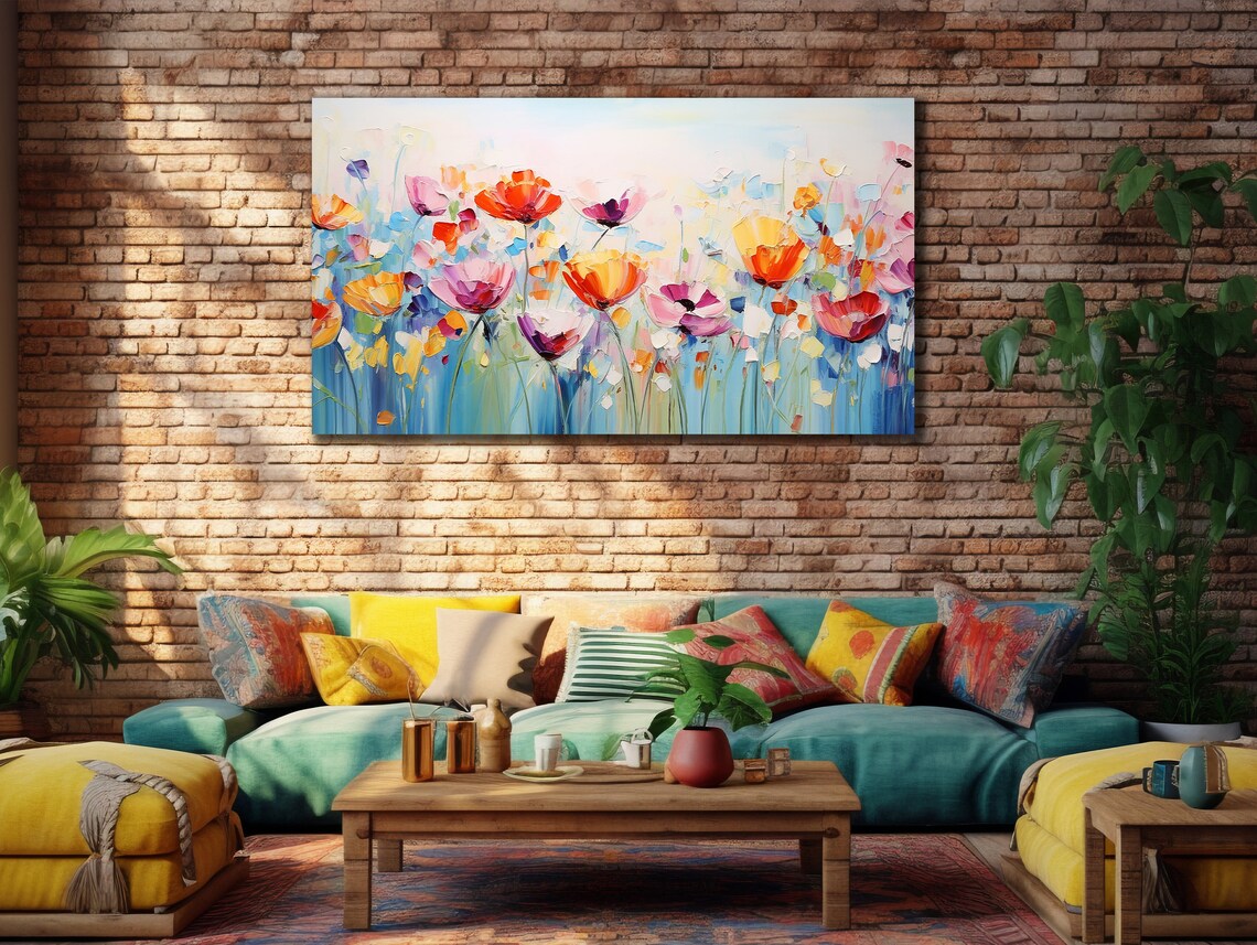 Wildflower Meadow Poppies Soft Blue Pastel Floral Oil Painting Print - Image 2