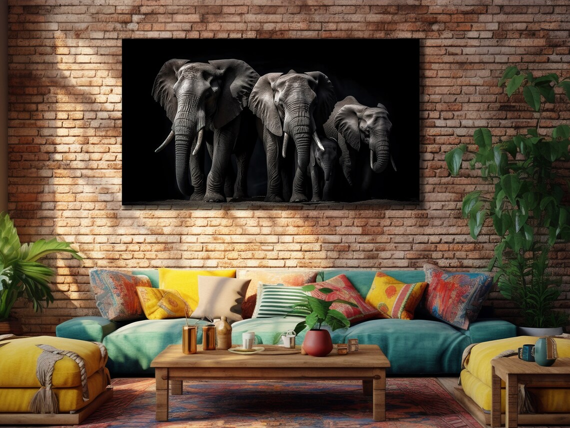 African Elephant Herd Black Background Dramatic Wildlife Wall Art Poster - Image 2