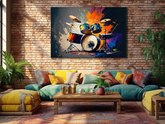 Colorful Watercolor Drum Kit Fiery Orange Music Room Wall Art Poster