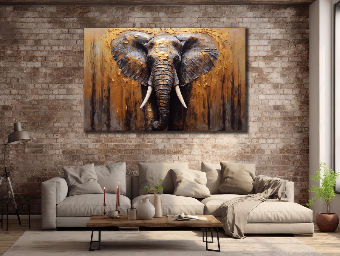 Golden Elephant Head Dark Bronze Textured Oil Painting Art Poster - Image 3
