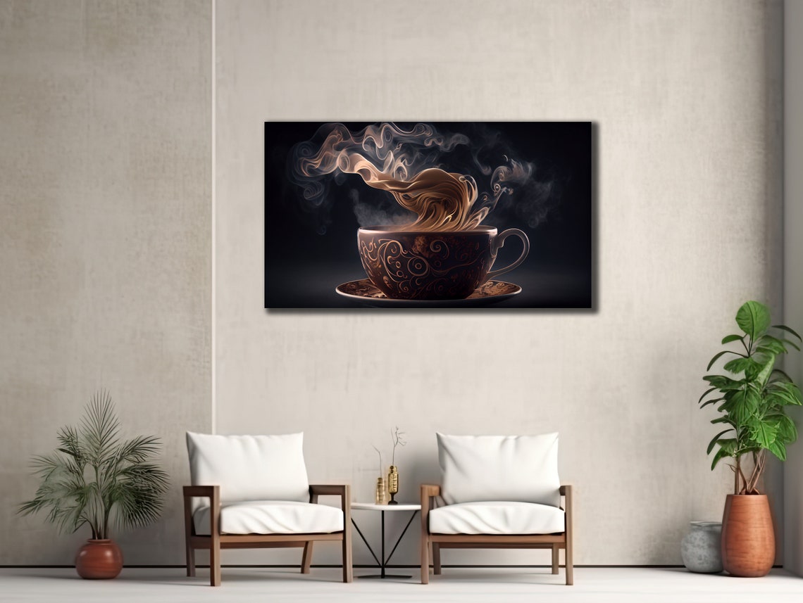 Steaming Coffee Cup Ornate Dark Background Elegant Art Wall Print
