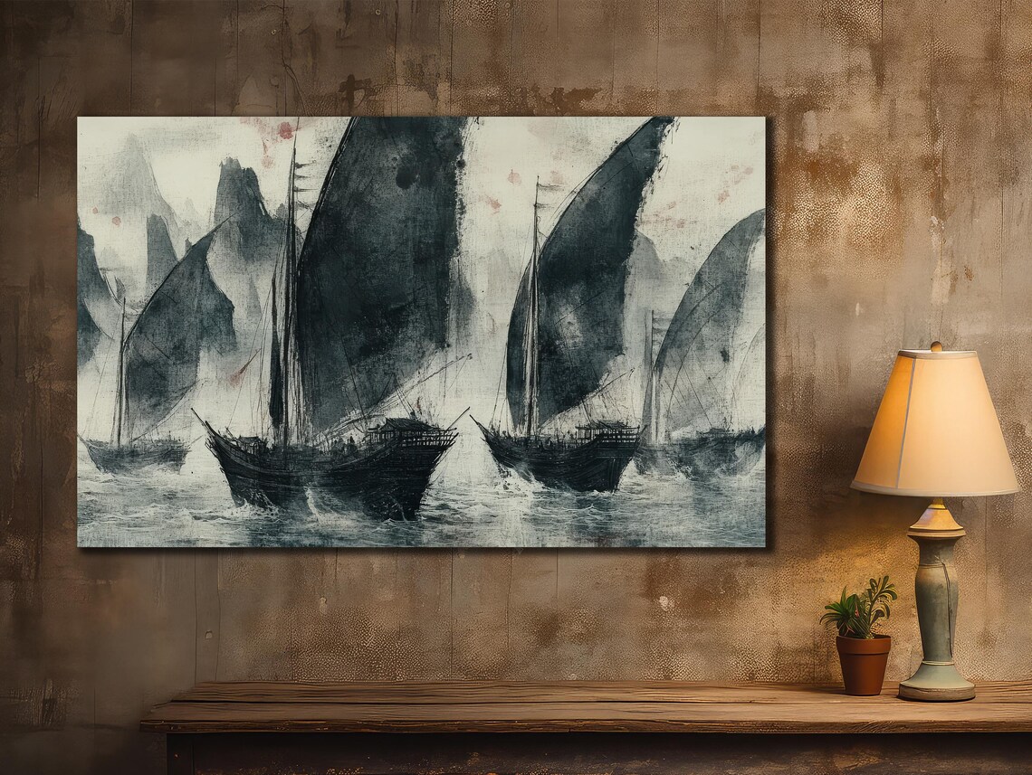 Black Sail Ships Misty Sea Ink Wash Vintage Asian Nautical Wall Poster - Image 2