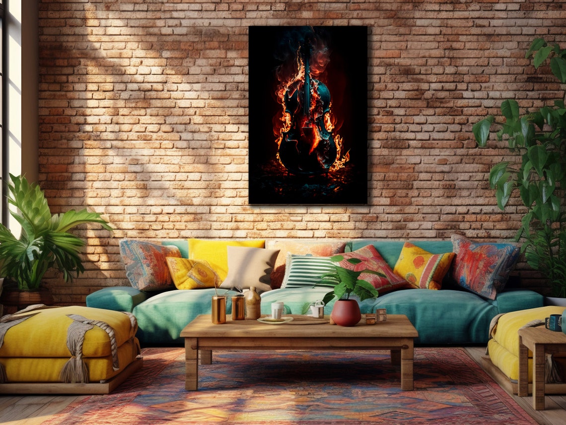 Burning Cello String Instrument Flames Teal Orange Wall Art Poster - Image 3