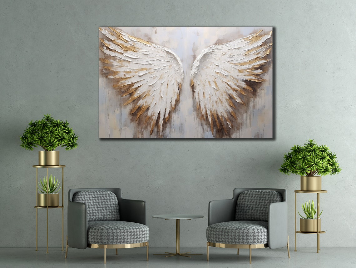 White Gold Angel Wings Impasto Painting On Light Gray Serene Poster - Image 2