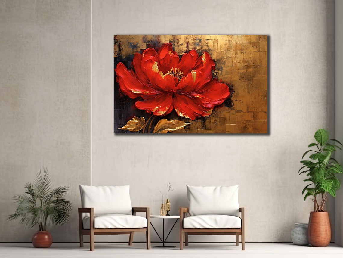 Red Peony Gold Textured Background Luxe Floral Oil Art Poster - Image 3