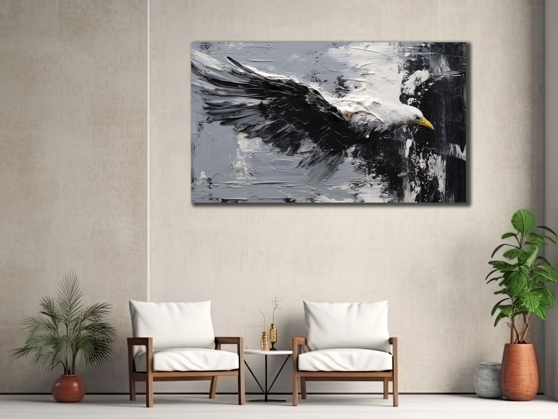 Seagull In Flight Black White Monochrome Impasto Bird Wall Art Print - Image 3