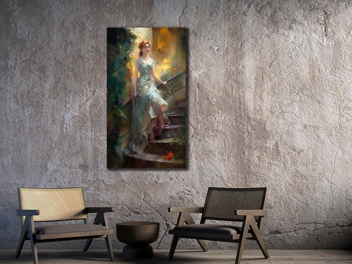 Woman in Green Gown Descending Staircase Warm Light Art Wall Poster - Image 3