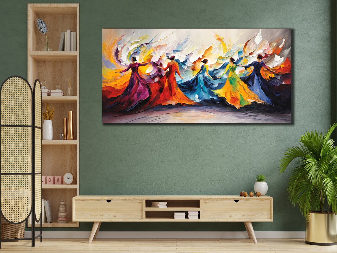 Five Dancing Women Flowing Colorful Dresses Impasto Wall Art Print - Image 2